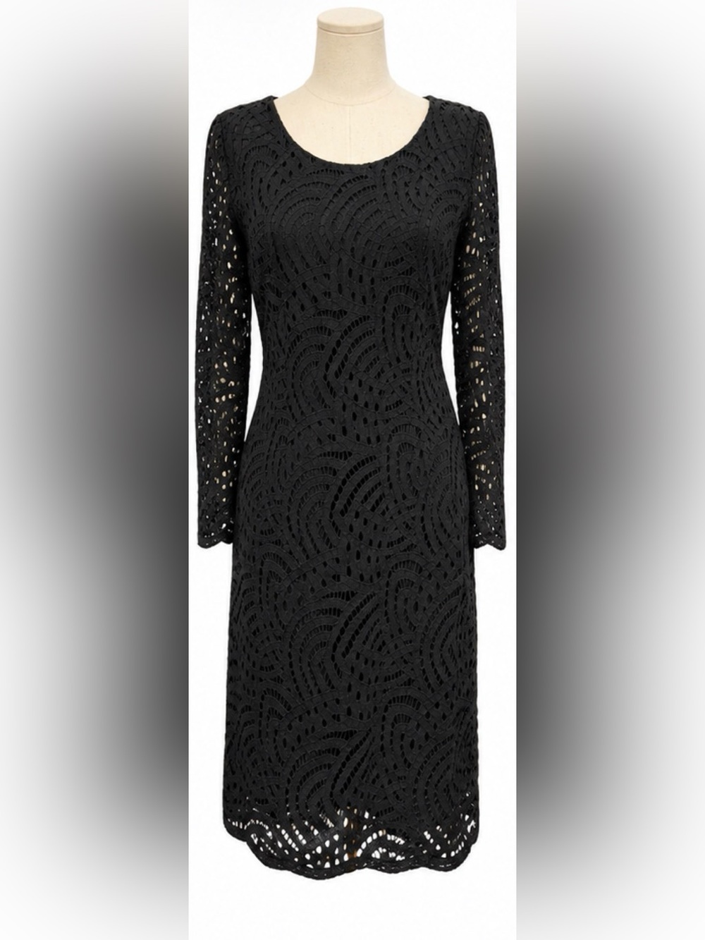 Boden Black Lace Long Sleeve Dress Size US 8R UK 12R Sheath Cocktail
